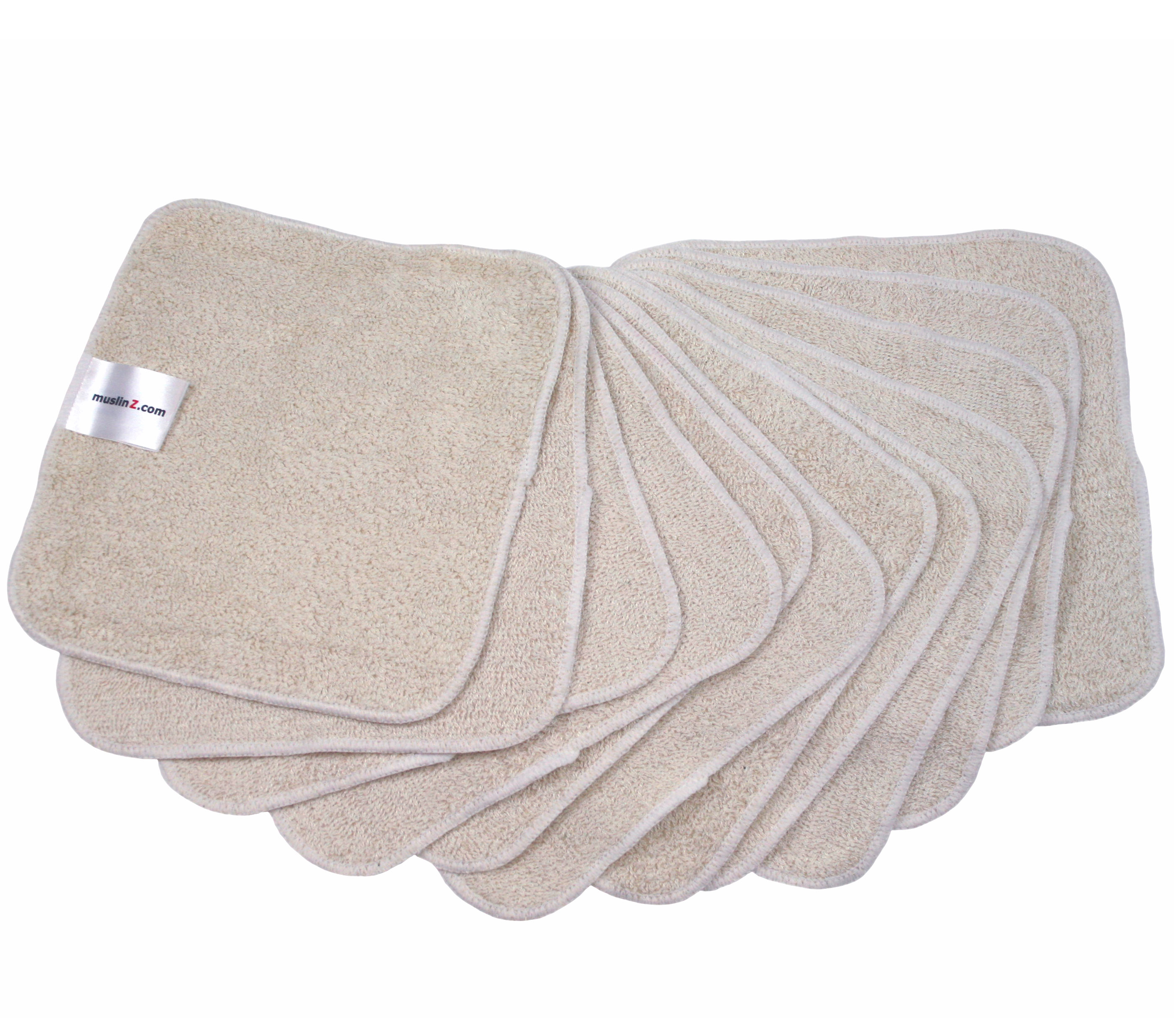 12 pack of Muzlinz Bamboo/Cotton 20cm terry squares - Multi-Use - Unbleached