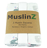 Muslinz Pack of 3 Elephant Print/Plain Bamboo/Organic Cotton luxury 70cm muslin squares