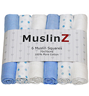 Muslinz Pack of 6 blue spot print/plain assorted 70cm muslin squares