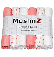 Muslinz Pack of 6 pink spot print/plain assorted 70cm muslin squares