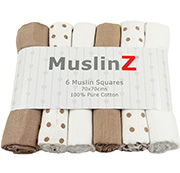 Muslinz Pack of 6 taupe spot print/plain assorted 70cm muslin squares