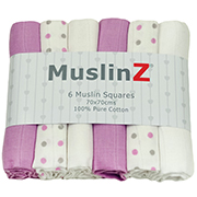 Muslinz Pack of 6 violet spot print/plain assorted 70cm muslin squares