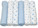 Muslinz Pack of 6 blue star print/plain assorted 70cm muslin squares