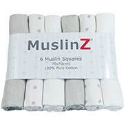Muslinz Pack of 6 grey spot print/plain assorted 70cm muslin squares