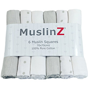 Muslinz Pack of 6 grey spot print/plain assorted 70cm muslin squares