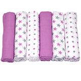 Muslinz Pack of 6 violet star print/plain assorted 70cm muslin squares