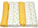 Muslinz Pack of 6 yellow star print/plain assorted 70cm muslin squares